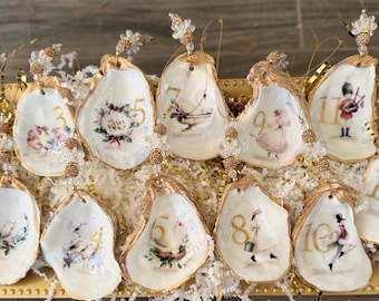 12 Days of Christmas Oyster Shell Ornaments – Handcrafted Coastal Holiday Décor