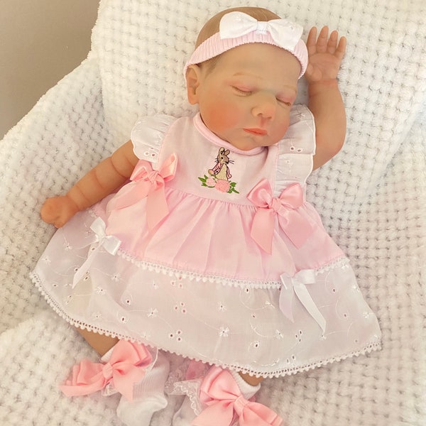 Jemima Puddleduck Flopsy Bunny Baby Pink Frilly Dress Headband and Bloomer Set