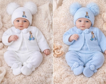 Baby Boys 2 Piece Pom Pom Knitted  pram suit Outfit - Peter Rabbit Available, White or Blue  and taupe *BEST SELLERS*