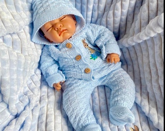 Knitted All in One Premature pramsuit Outfit large embroidered  Peter rabbit