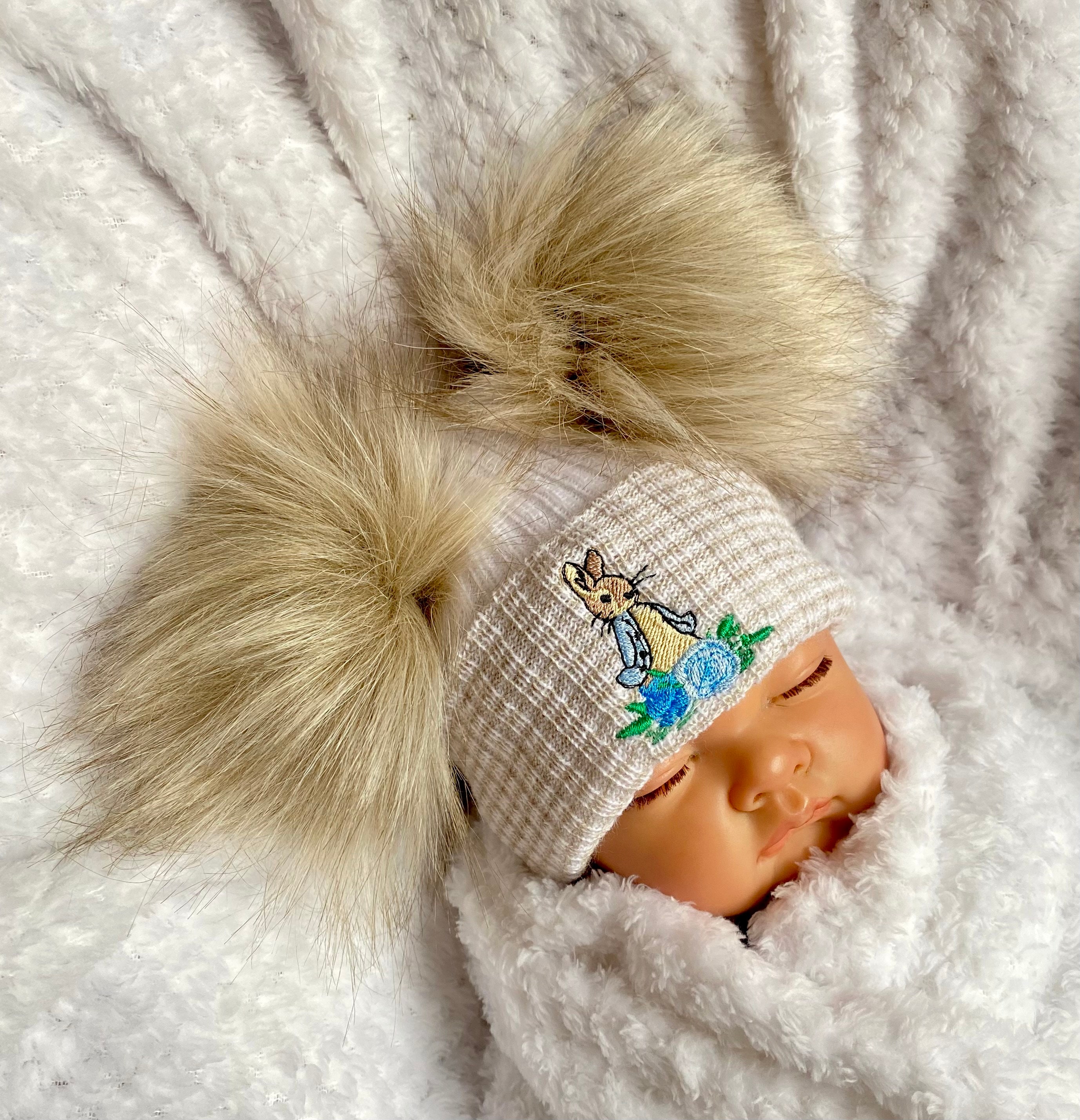 Peter Rabbit luxury  fluffy Faux Fur Double Pom Hat - sand