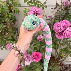 Peut inclure: Un serpent en crochet compos&eacute; d'un fil textur&eacute; doux avec des segments altern&eacute;s de vert sauge et de rose bonbon. Le serpent poss&egrave;de une t&ecirc;te arrondie avec un grand &oelig;il de s&eacute;curit&eacute; noir brillant dot&eacute; d'un iris bleu clair et d'un reflet blanc.