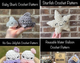 Summer Fun Crochet Pattern Set, Baby Shark Crochet Pattern, Reusable Water Balloon Crochet, Starfish Crochet, No-Sew Jellyfish Crochet