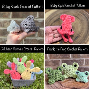 May include: A collage of four images showcasing crochet patterns for various animal toys. The top left image features a grey and white baby shark, the top right image shows a pink baby squid, the bottom left image displays a collection of colourful jellybean bunnies, and the bottom right image features three green crocheted frogs.