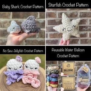 May include: Four crochet patterns for making stuffed toys: a baby shark, a starfish, a jellyfish, and a water balloon. The patterns are displayed with the finished crocheted toys.