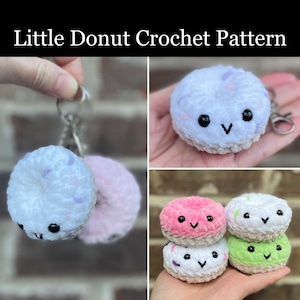 May include: The image showcases several handmade crochet donuts. The donuts are in various colors, including white, pink, and green, with sprinkles. Each donut has a smiling face and is attached to a keychain. The text "Little Donut Crochet Pattern" is at the top.