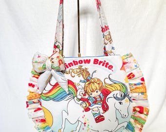 Bolso tote vintage Rainbow Brite / Monedero con volantes hecho a mano, accesorio nostálgico de los años 80