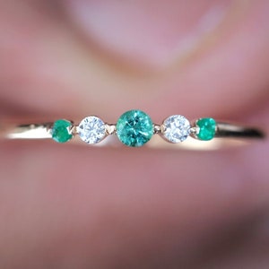 Emerald Gold Ring, 14k Gold Wedding Ring, Diamond Ring, Emerald Gemstone Ring, Emerald Solitaire Ring, Engagement Ring Thin Gold Ring