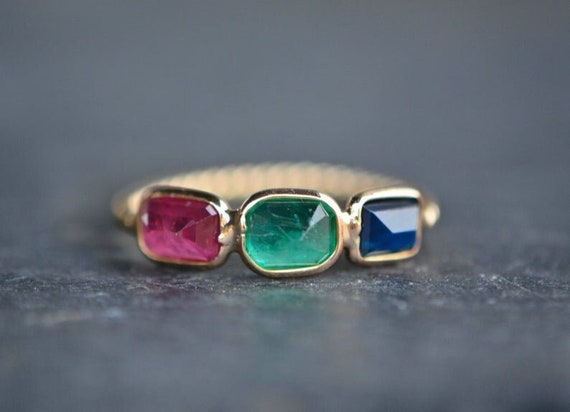 Dainty 14k Gold Gemstone Ring: Ruby, Sapphire & Emerald 3-Stone