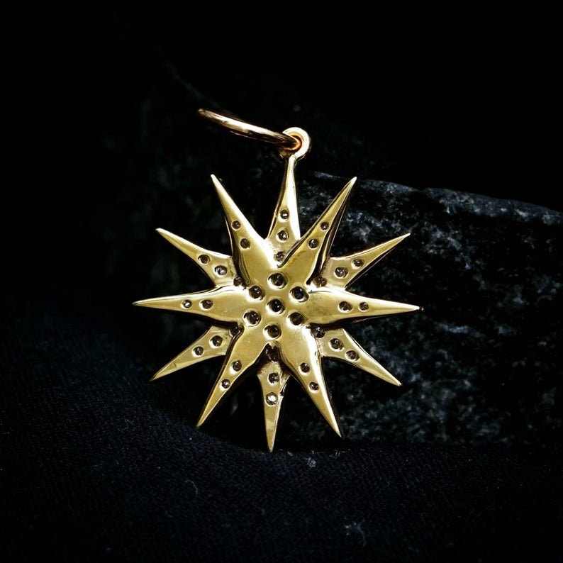 14K guld diamant Starburst hänge: Brudhalsband med solsken, present till henne bild 2