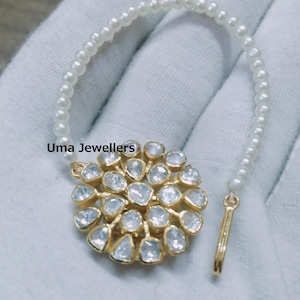 14k Solid Polki Diamond and Pearls Maangtikka, Gold Kundan Jewelry Maang tikka, Traditional Gold wedding tikka boho bridal hair Tikka