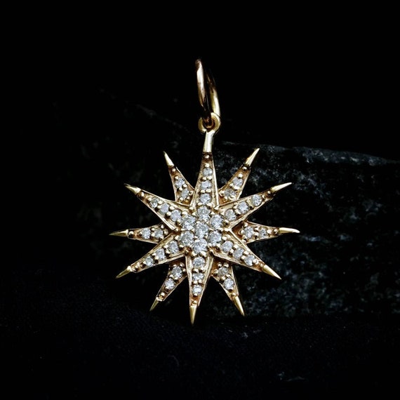 14K Gold Diamond Starburst Pendant: Bridal Sunburst Charm Necklace, Gift For Her
