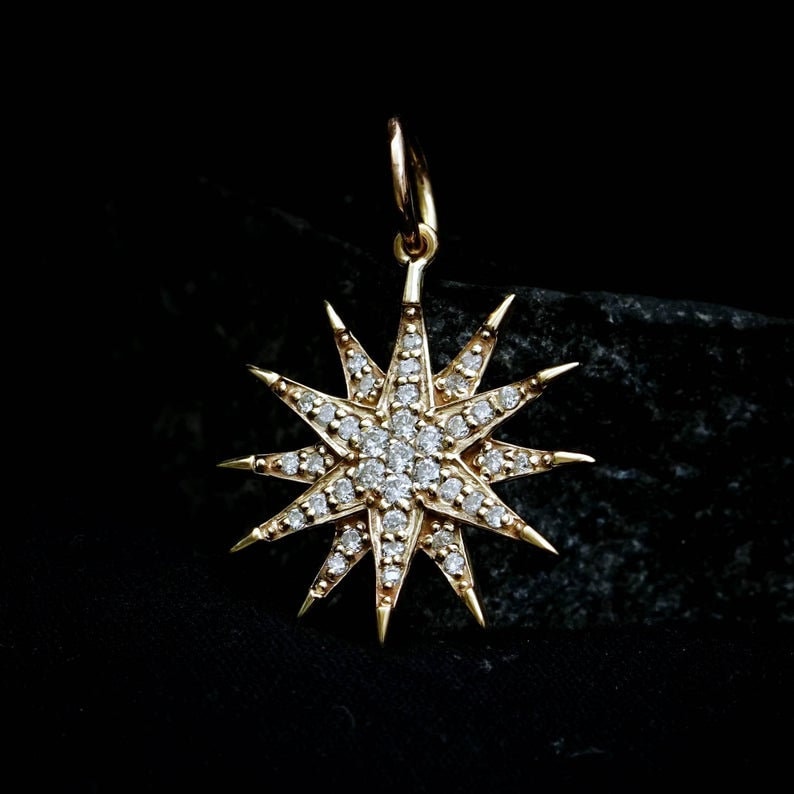 14K guld diamant Starburst hänge: Brudhalsband med solsken, present till henne bild 1