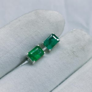 Emerald Cut Emerald Stud Earrings: 925 Sterling Silver May Birthstone