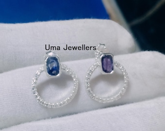 ブルーサファイア ハロー イヤリング、14K ホワイトゴールド メッキ