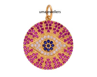 14k Solid Gold Evil Eye Diamant Charms Halskette, Rubin & Saphir Edelstein Anhänger