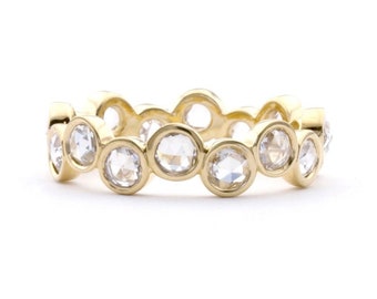 Rose Cut Diamond 14K Gold Engagement Band, Handmade Jewelry Stacking Ring