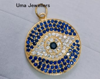 14k Solid Gold Evil Eye Anhänger: Saphir & Diamant Charm Halskette