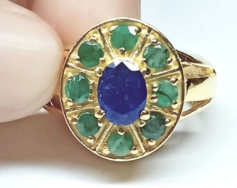 925 Silver Blå Safir & Smaragd Guld Vermal Ring: Handgjord Solitärring