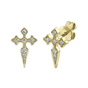 14k Solid Gold Diamond Cross Stud: Micro-Pave Diamond Earring, Bridal Gift