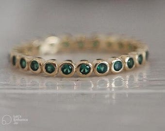 14K Gold Emerald Eternity Ring: Dainty Diamond Wedding Band