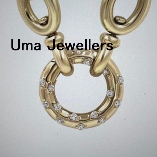14K Solid Gold Karabinerverschluss: Runder ineinandergreifender Diamantanhänger - Armband-Halskette