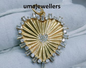 14k Solid Gold Fluted Heart Diamond Pendant, Handmade Setting Mother's Day Gift