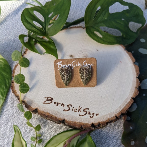 Mini Houseplant Earrings / Philodendron Birkin / Botanical Stud Earrings