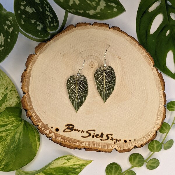 Philodendron Birkin Botanical Leaf Handmade Earrings