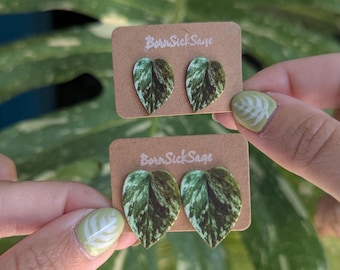 Mini Houseplant Earrings / Marble Pothos / Stud Botanical Earrings / Plant Lover Gifts