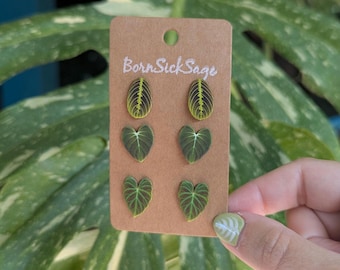 Philodendron Botanical Plant Leaf STUD/POST earrings (set of 3)