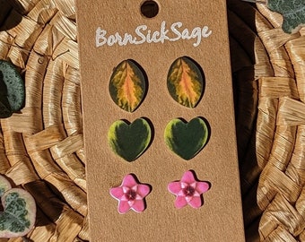 Hoya Botanical Plant Leaf STUD/POST earrings (set of 3)