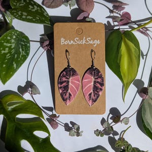 Variegated Alocasia Black Velvet Botanical Leaf Handmade Earrings