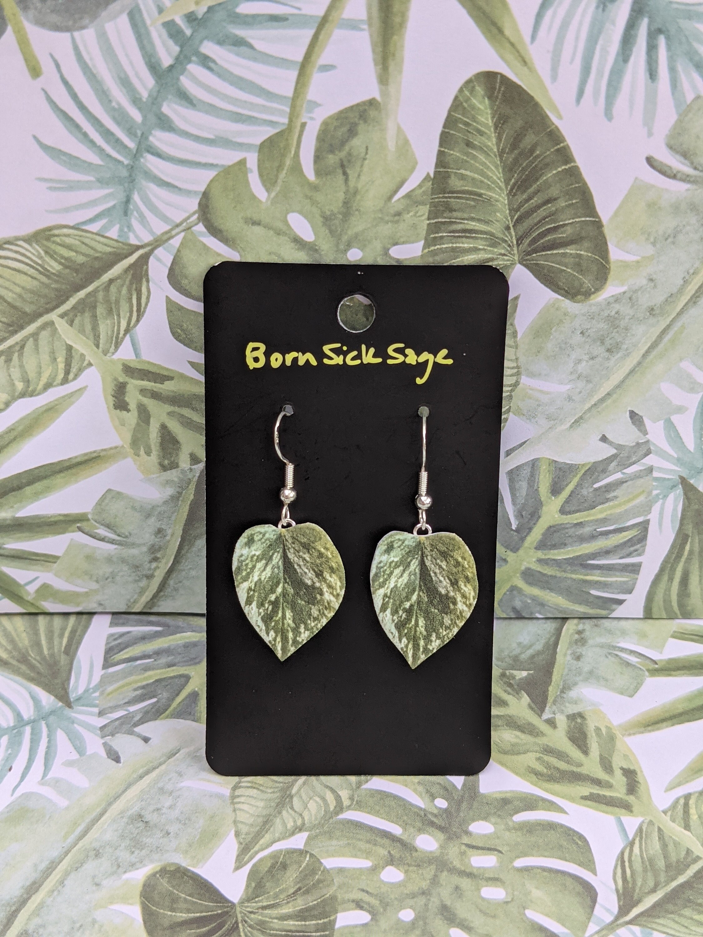 Marble Pothos Botanical Leaf Handmade Earrings