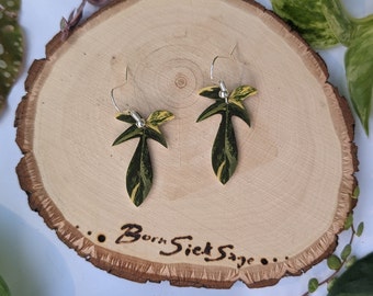 May include: A pair of earrings featuring a green and yellow leaf design. The earrings are on a wooden surface with the text "Born Sick Sage" burned into the wood.