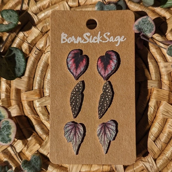 Begonia Botanical Plant Leaf STUD/POST earrings (set of 3)