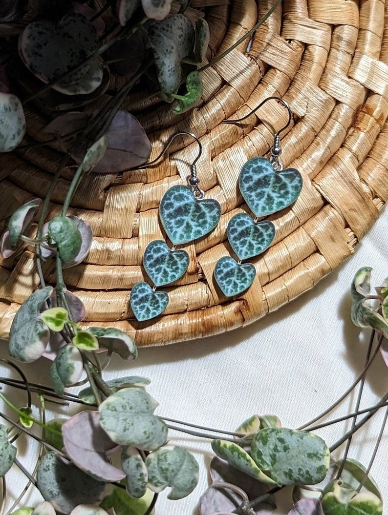 String of Hearts Botanical Leaf Handmade Earrings