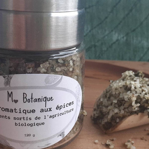 Sel aux épices, sel aromatique cuisine, ingrédients biologiques, fait au Québec