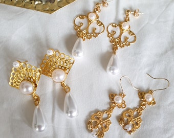 Brocade Earrings, Baroque Pearl Earrings, Vintage Fashion Pearl Earrings