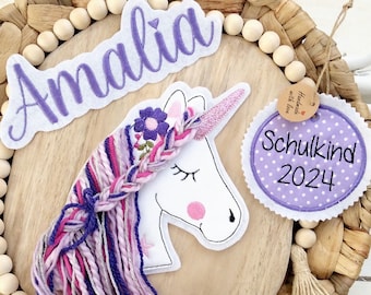 SET Applikation 3D Einhorn Glitzer mit Name und Aufnäher Button Schultüte für DIY auf Filz Applikation mit Wollhaare