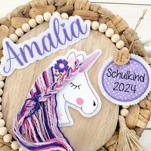 SET Applikation 3D Einhorn Glitzer mit Name und Aufnäher Button Schultüte für DIY auf Filz Applikation mit Wollhaare Bild 1