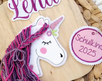 XL Set Appliqué Horse Head L Patch Button for School Cone and Desired Name Patch Motif on Felt Unicorn with Mane