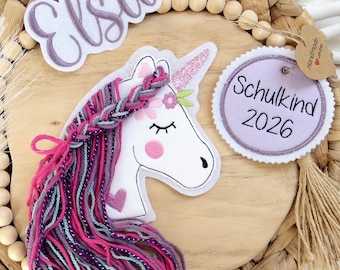 Complete set M appliqué horse head patch button for school cone and personalized name patch motif on felt unicorn with mane