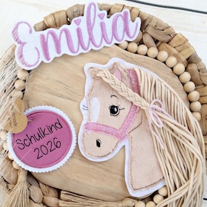 L Applikation Set Pferdekopf Aufnäher Button für Schultüte Patch auf Filz Pferd mit Mähne Wunschname und Anhänger