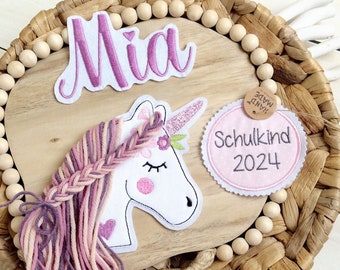 Complete set M appliqué horse head patch button for school cone and personalized name patch motif on felt unicorn with mane