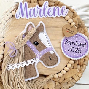 XL komplettes Set Applikation Pferdekopf Aufnäher Button für Schultüte und Wunschname Patch Motiv auf Filz Pferd mit Mähne und Zügel