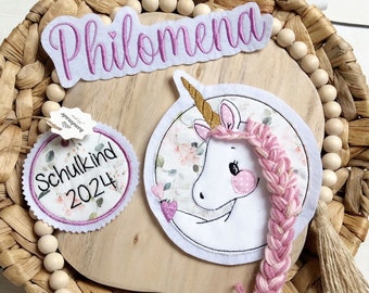 Set of 3 unicorn applique pendants "Schoolchild" including personalized name patch for school cones or DIY projects: 3D unicorn horse with mane