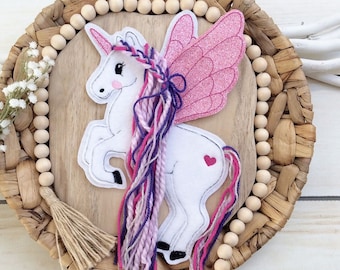 XL 3D Plush Unicorn Pegasus Applique Patch Button for School Cone, Felt Unicorn Horse with Mane