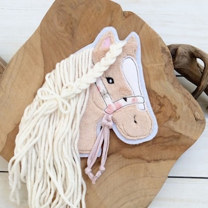 L Applikation groß Pferdekopf aus Plüsch Aufnäher Button für Schultüte Patch auf Filz Pferd mit Mähne Pony Mädchen