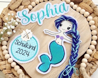 Set application Nixe 3D mermaid glitter with pendant "Schoolchild 2026" for school cone with wool hair including name